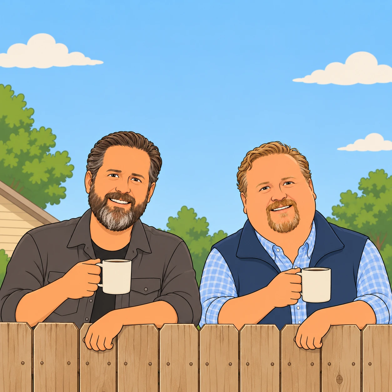 Two dads leaning on a backyard fence, each holding a coffee mug